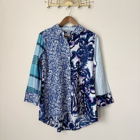 Habitat Stir It Up Button Front Shirt Mixed Print Art To Wear Blue - Picture 2 of 10